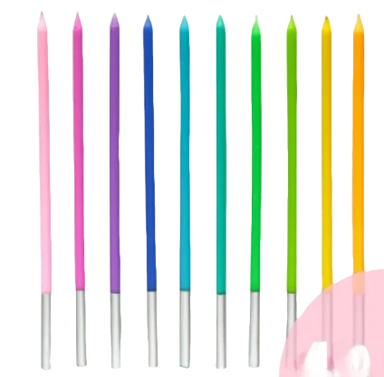A row of colorful spiral birthday cake candles with star toppers in various shades of pink, purple, blue, teal, and green.