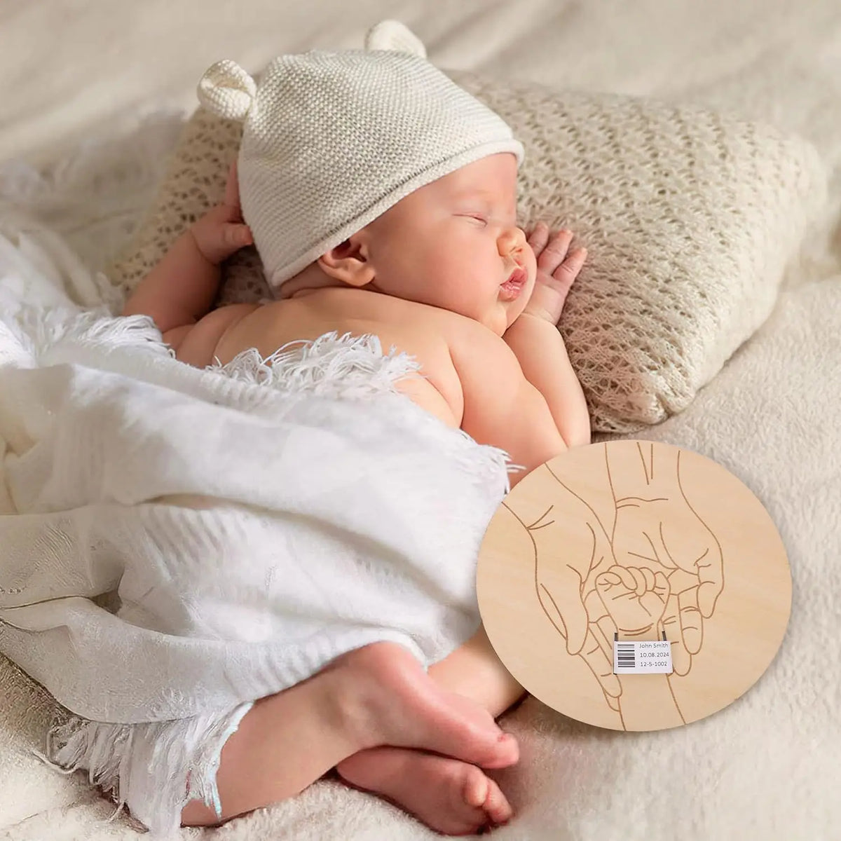 A newborn baby sleeping peacefully on a soft blanket with a knitted hat and a wooden handprint keepsake sign.