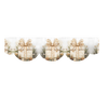 A decorative fabric trim featuring wrapped gifts tied with bows surrounded by pine branches and berries.