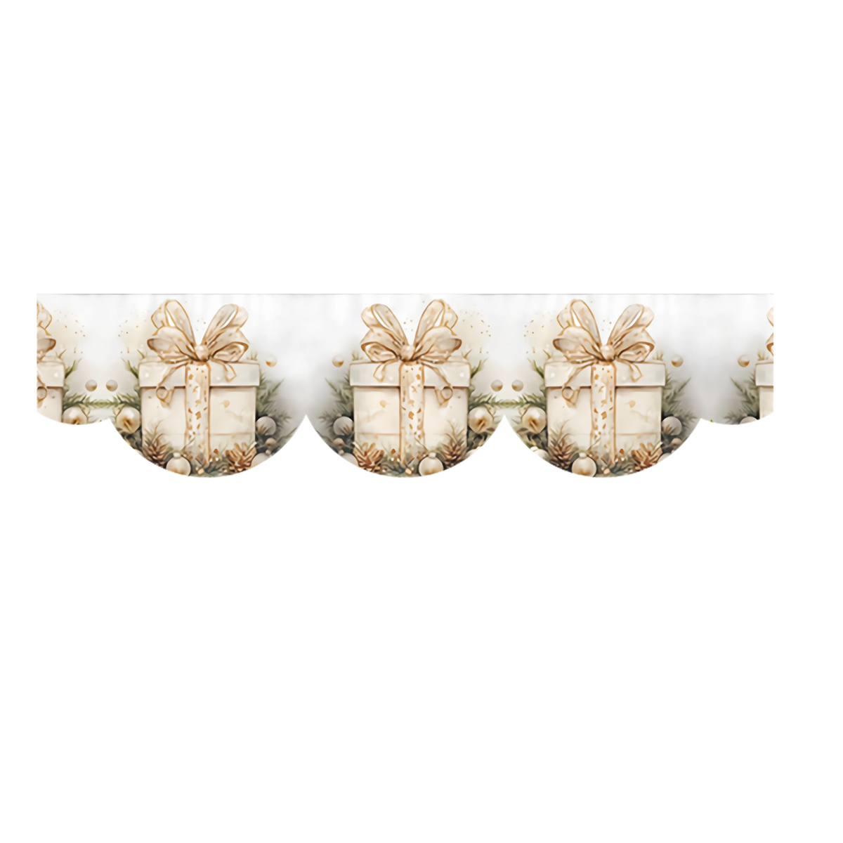 A decorative fabric trim featuring wrapped gifts tied with bows surrounded by pine branches and berries.
