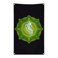 A black tapestry banner featuring a green geometric design with a white horse head in the center.
