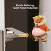 A fluffy orange Shiba Inu squishy toy is shown hitting a door, demonstrating elastic buffering and quiet noise reduction.