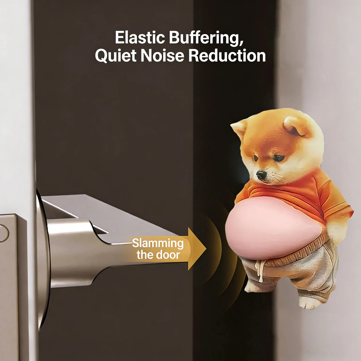 A fluffy orange Shiba Inu squishy toy is shown hitting a door, demonstrating elastic buffering and quiet noise reduction.