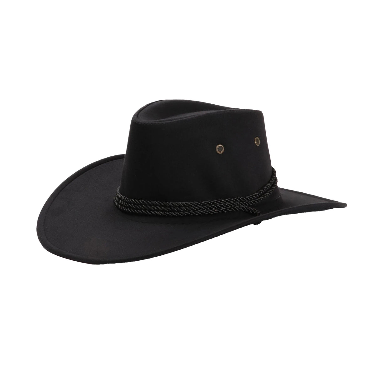 A black classic western cowboy hat with a wide brim and an adjustable drawstring band.