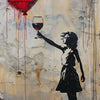 Banksy style wall art featuring a silhouette of a woman holding a glass and a red heart balloon on a textured wall.
