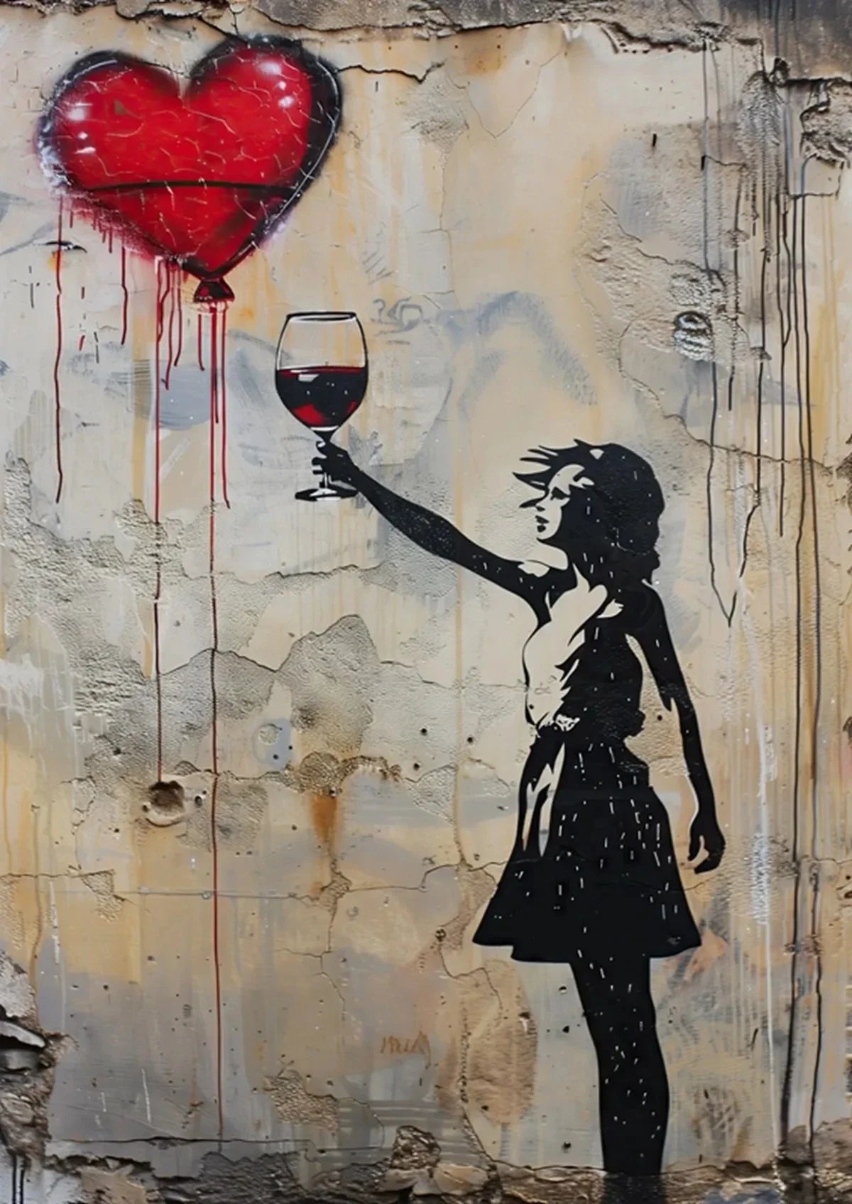 Banksy style wall art featuring a silhouette of a woman holding a glass and a red heart balloon on a textured wall.