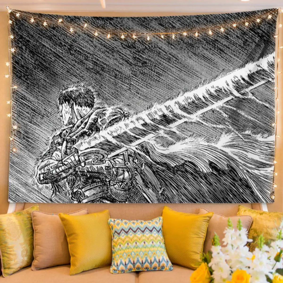 A black and white manga art tapestry featuring a fierce warrior in motion, displayed as bedroom decor.