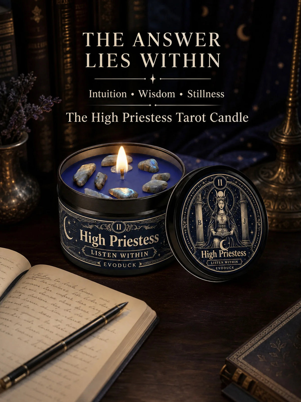A dark candle in a tin holds crystal stones, set against a background featuring the High Priestess Tarot theme.