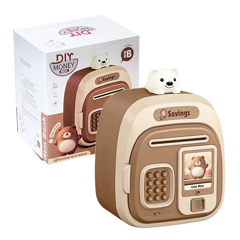 A brown piggy bank shaped like a bear is shown next to its box, used for saving money.