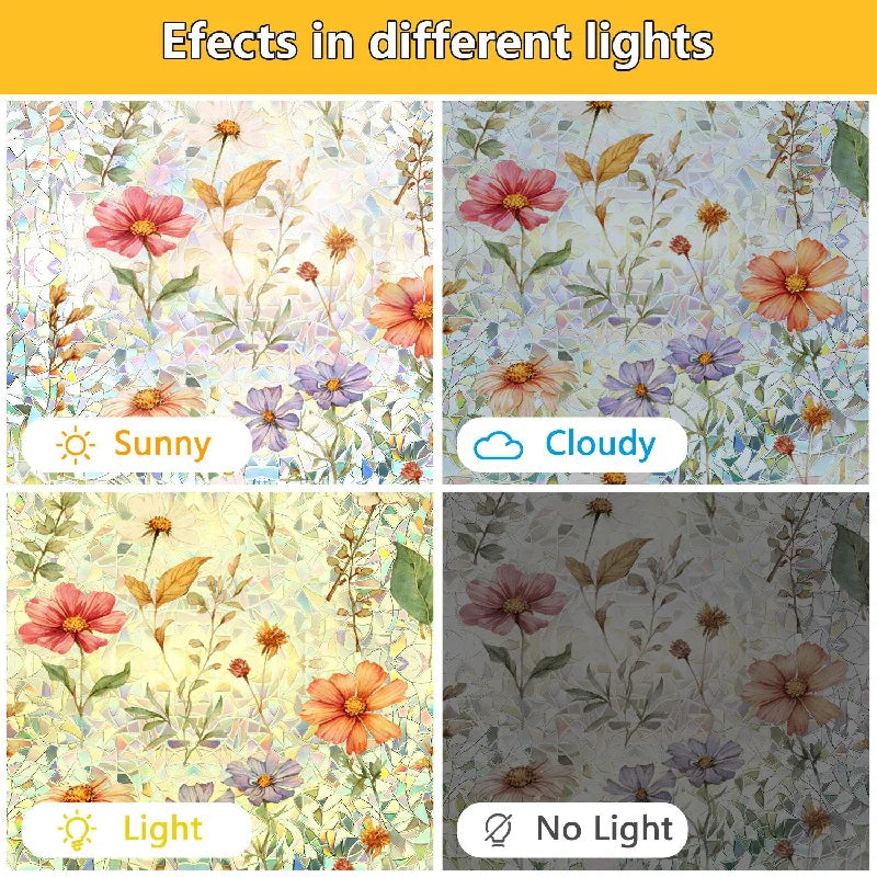 Four panels showing the effects of different lights on a privacy window film with decorative floral patterns.