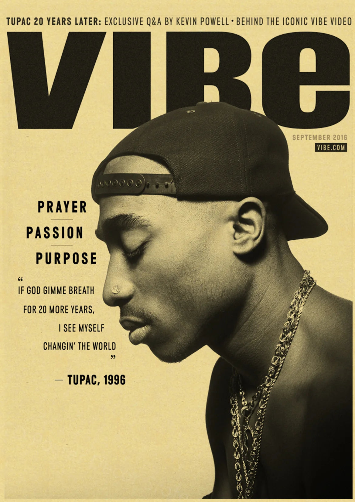 A black and white poster featuring Tupac with the title VIBE from a 20 years later interview.