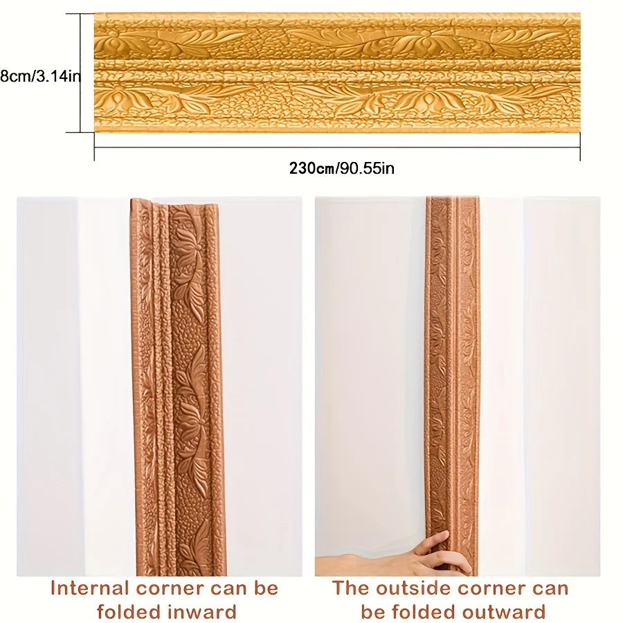 Close-up view of a copper-colored self-adhesive foam wall trim strip showing how the internal and outside corners can be fold