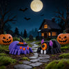 A set of mini creepy-cute monster spider and skeleton figurines used for Halloween tabletop decor in a dark outdoor setting.