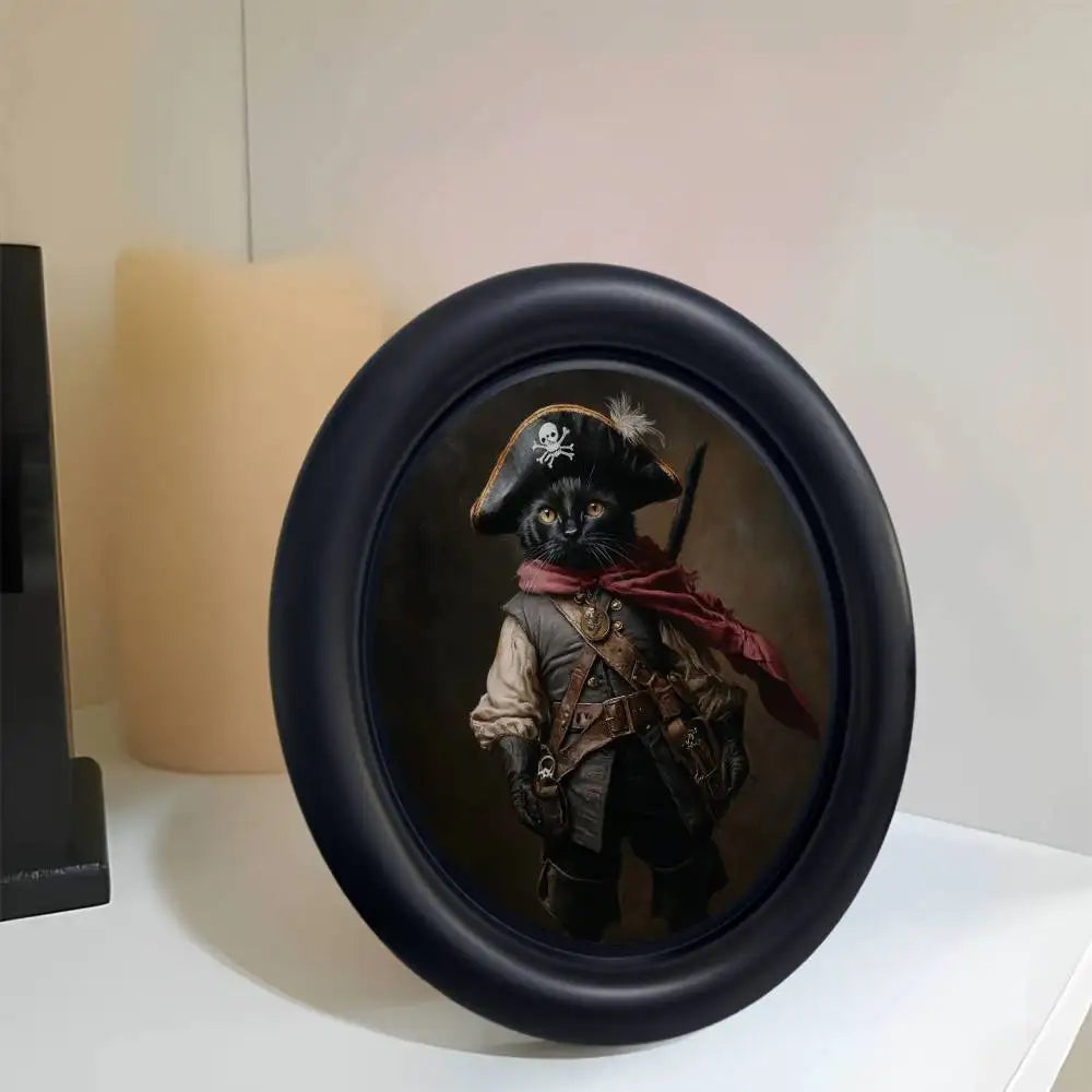 A black wooden photo frame featuring a Renaissance portrait of a cat wearing a hat and scarf.