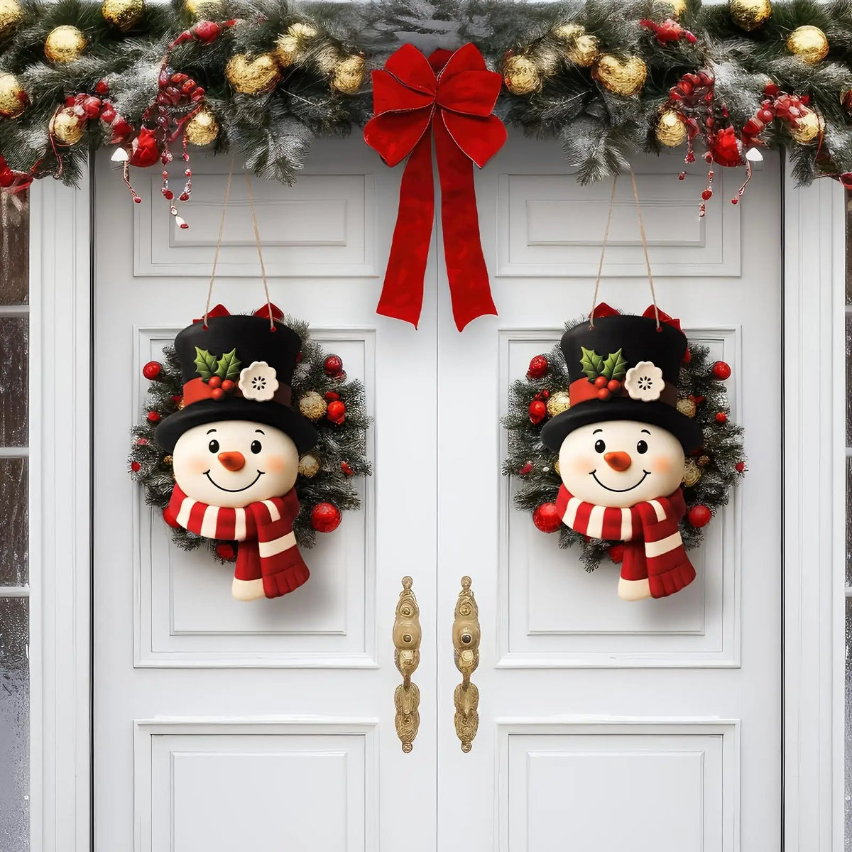 A pair of rustic wooden Christmas snowman door wreaths with red bows and greenery hanging on a white door.