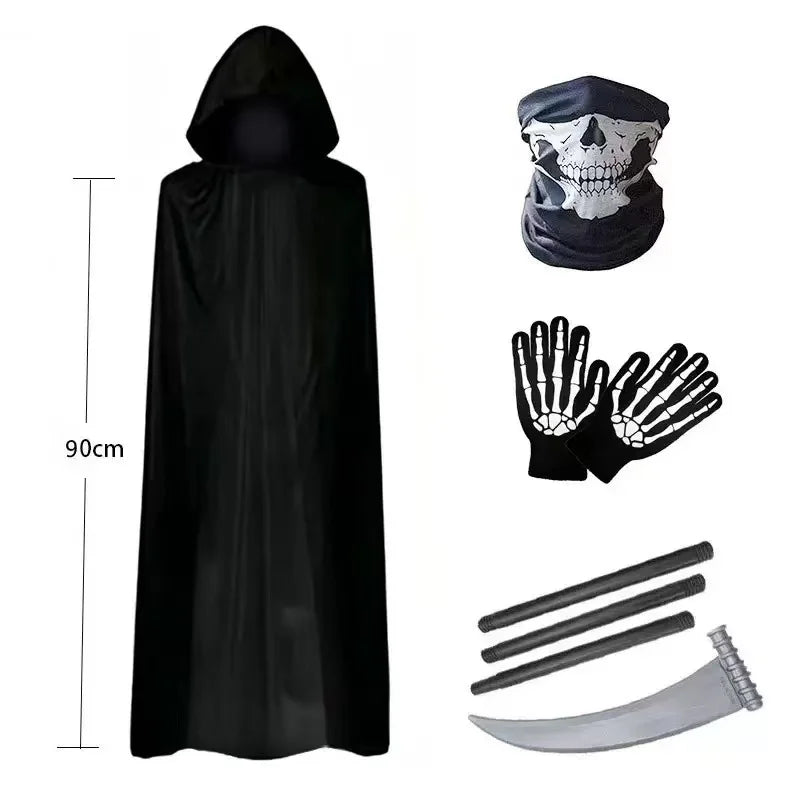 Grim Reaper costume set featuring a black cape, skull mask, and a large knife.