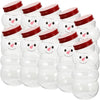 A set of six clear glass jars shaped like snowmen with red lids.
