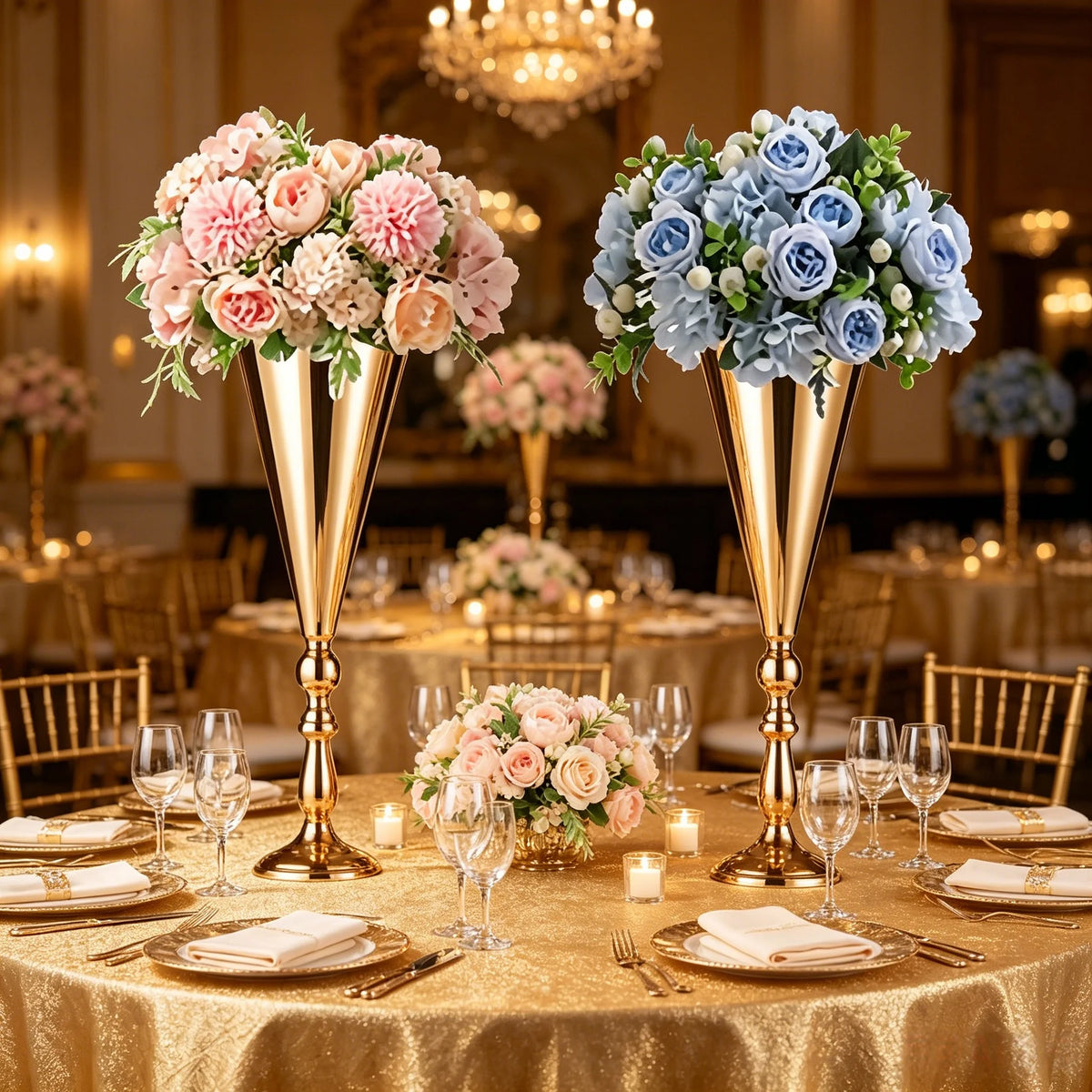 Gold Trumpet Vase Metal Flower Holder for Weddings & Home Decor