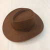 A brown felt cowboy hat with a creased crown and an adjustable drawstring band.