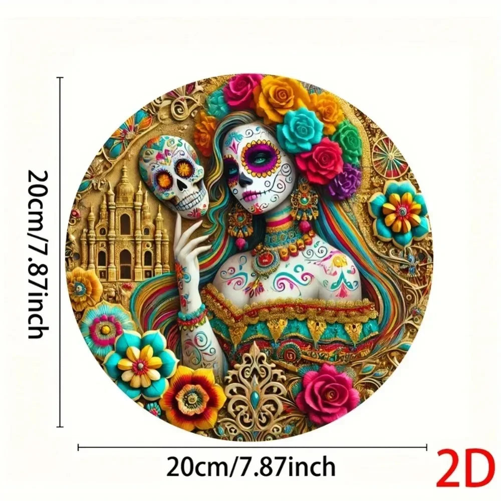 A 2D aluminum sign featuring a colorful depiction of Catrina Lady with intricate floral and gold details.