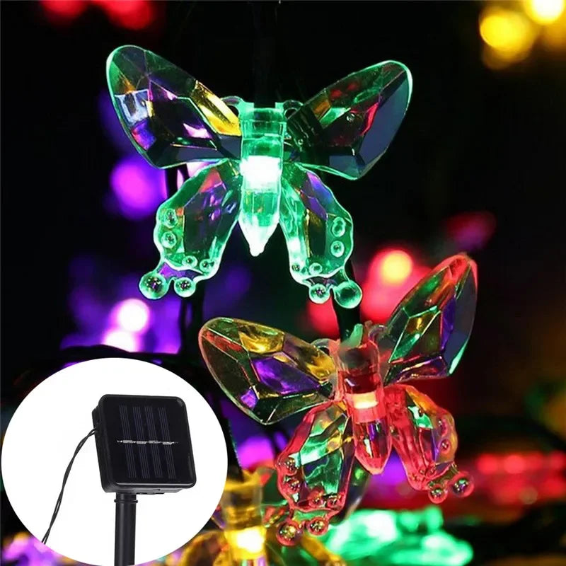 A glowing, iridescent butterfly light hangs, powered by a solar panel and string lights.