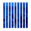 A set of vertical blue acrylic mirror strips used as wall decor.