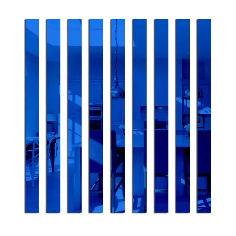 A set of vertical blue acrylic mirror strips used as wall decor.