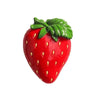 A bright red strawberry with a green leafy top, used as a fridge magnet.