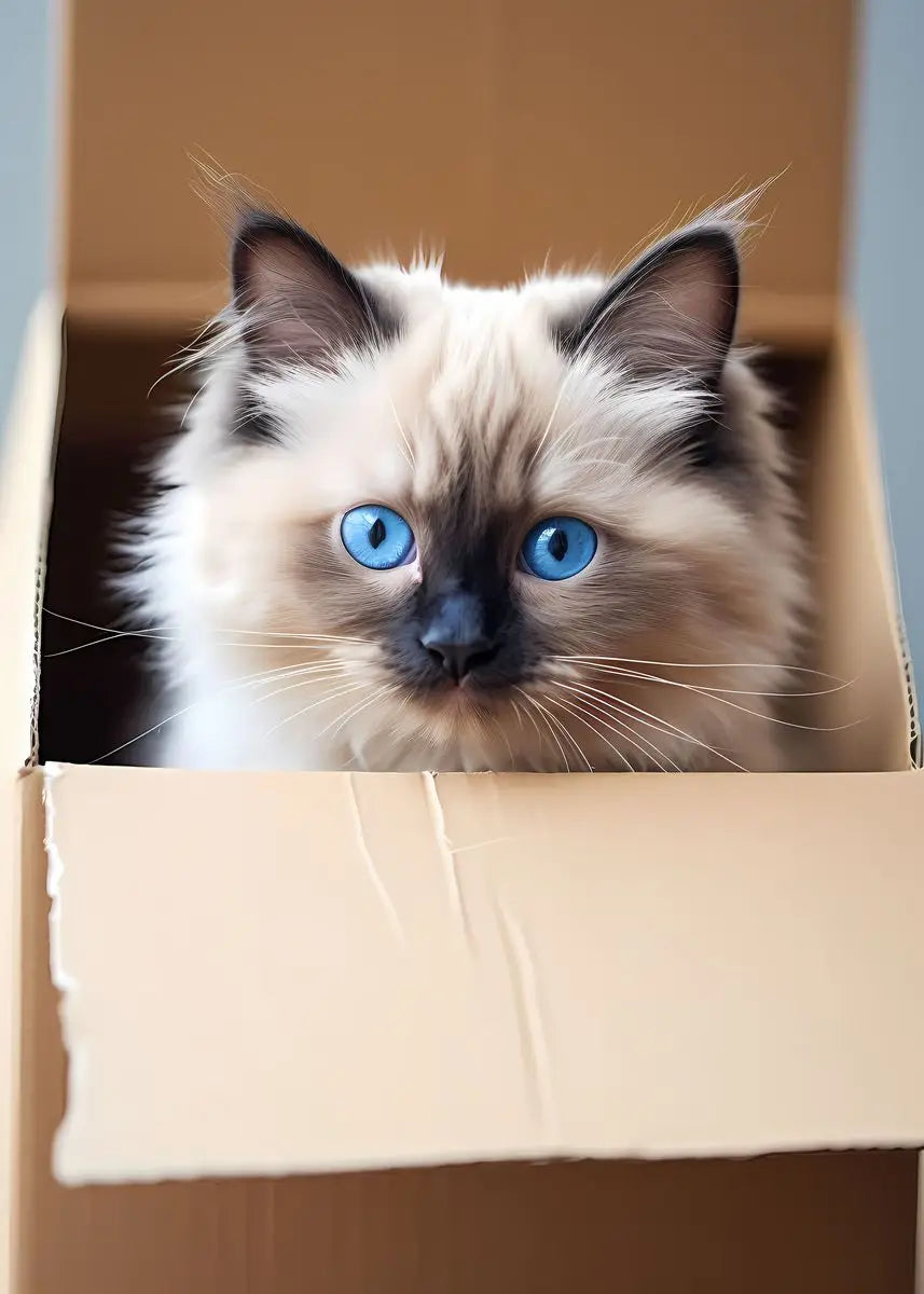 A fluffy, light brown and white Persian kitten with striking blue eyes looking directly at the camera inside a cardboard box.