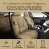 A beige car seat cover is shown inside a vehicle, highlighting its breathable, airbag compatible, waterproof, and extra stora