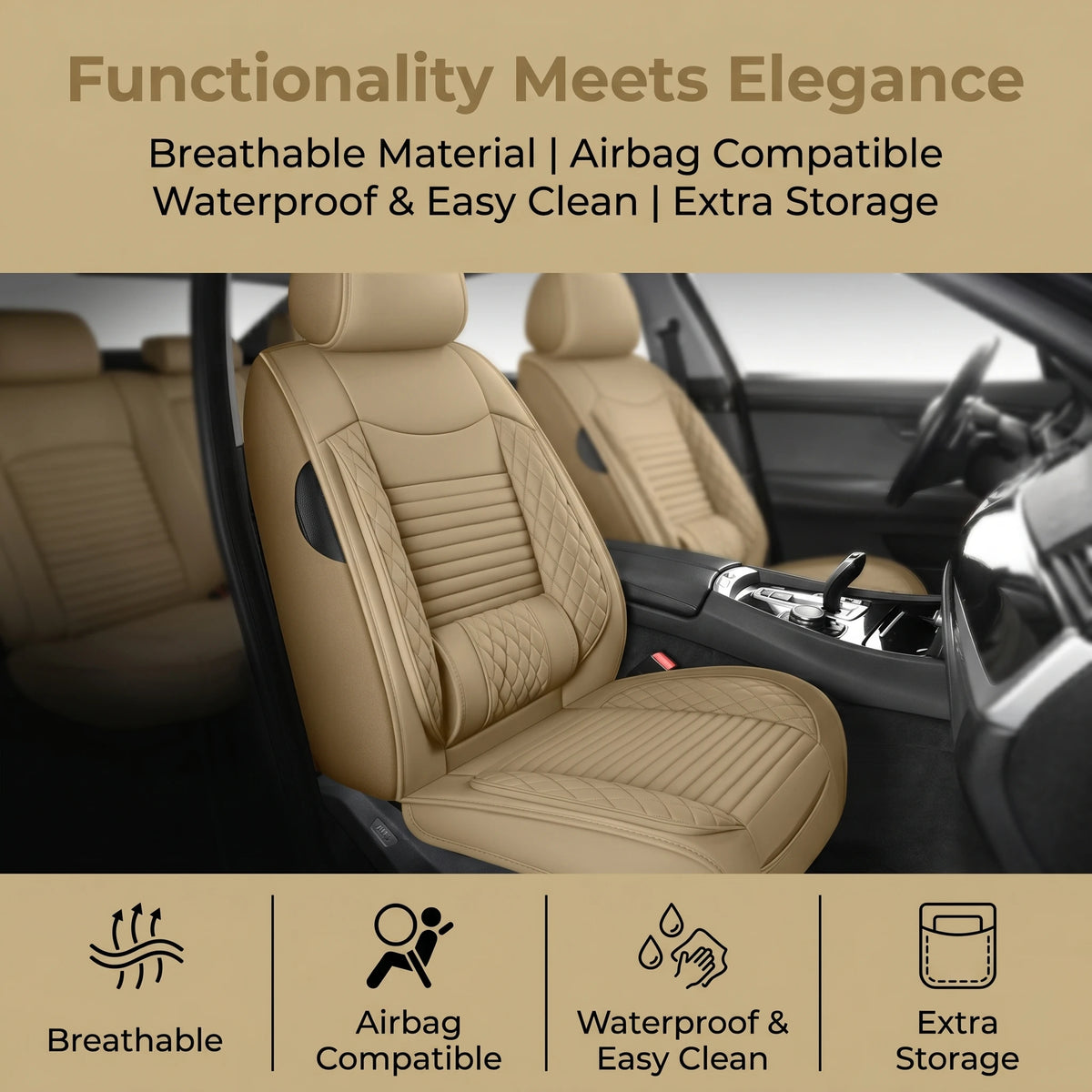 A beige car seat cover is shown inside a vehicle, highlighting its breathable, airbag compatible, waterproof, and extra stora