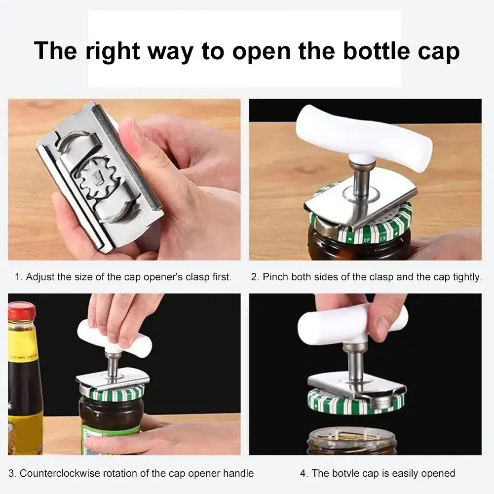 Instructions showing the correct way to open a bottle cap using a stainless steel multi-function opener.