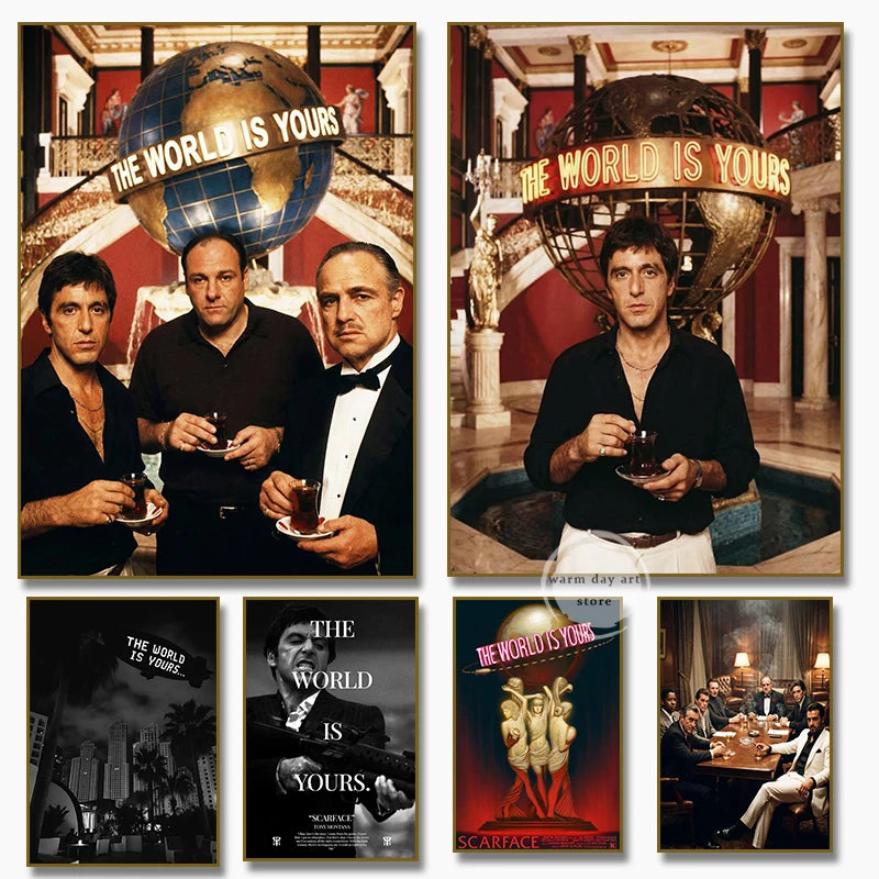 Wall art featuring a collage of scenes and text related to Scarface Tony Montana The World Is Yours