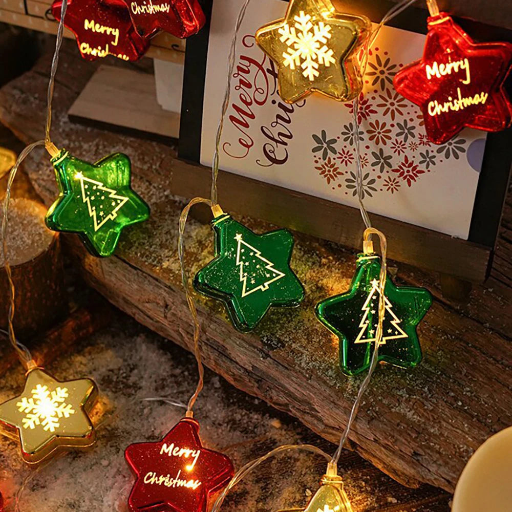 Festive LED fairy lights shaped like stars and trees in green and red for holiday decor