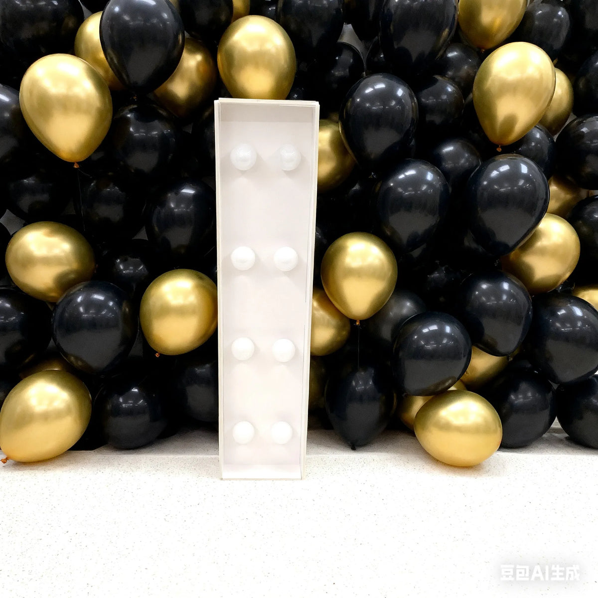 A white marquee light-up letter with multiple illuminated dots is displayed amidst a dense arrangement of gold and black ball