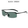 Black-green photochromic polarized driving sunglasses with an alloy frame.