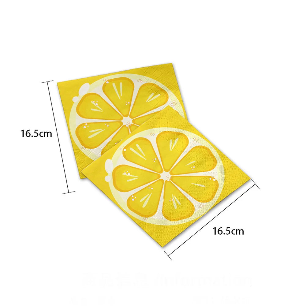 Yellow disposable cocktail napkins shaped like lemons with a citrus pattern