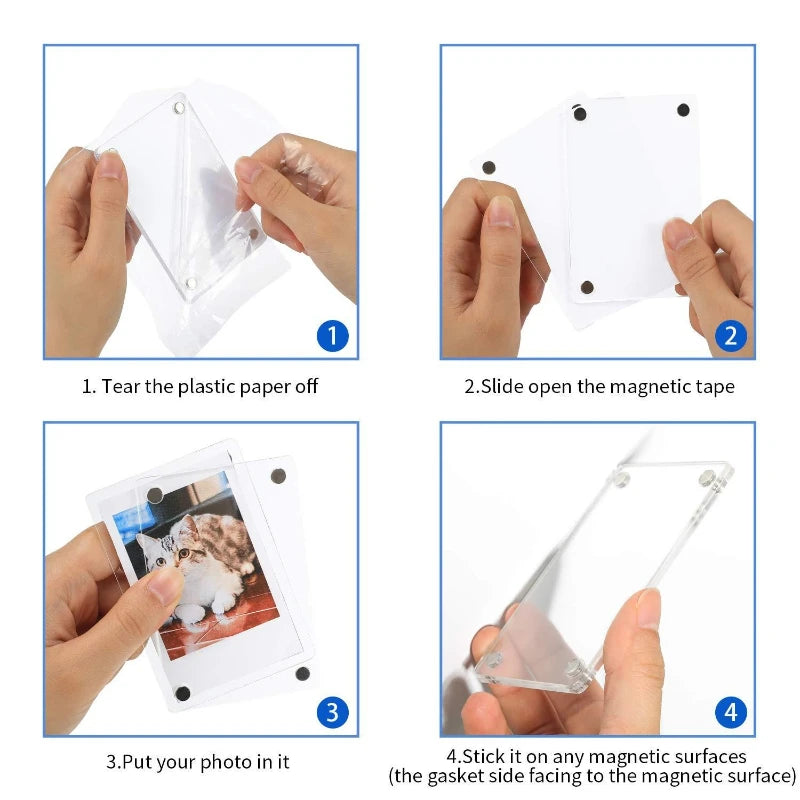 Instructions showing how to tear off plastic paper, slide open magnetic tape, put a photo in, and stick the magnets on magnet