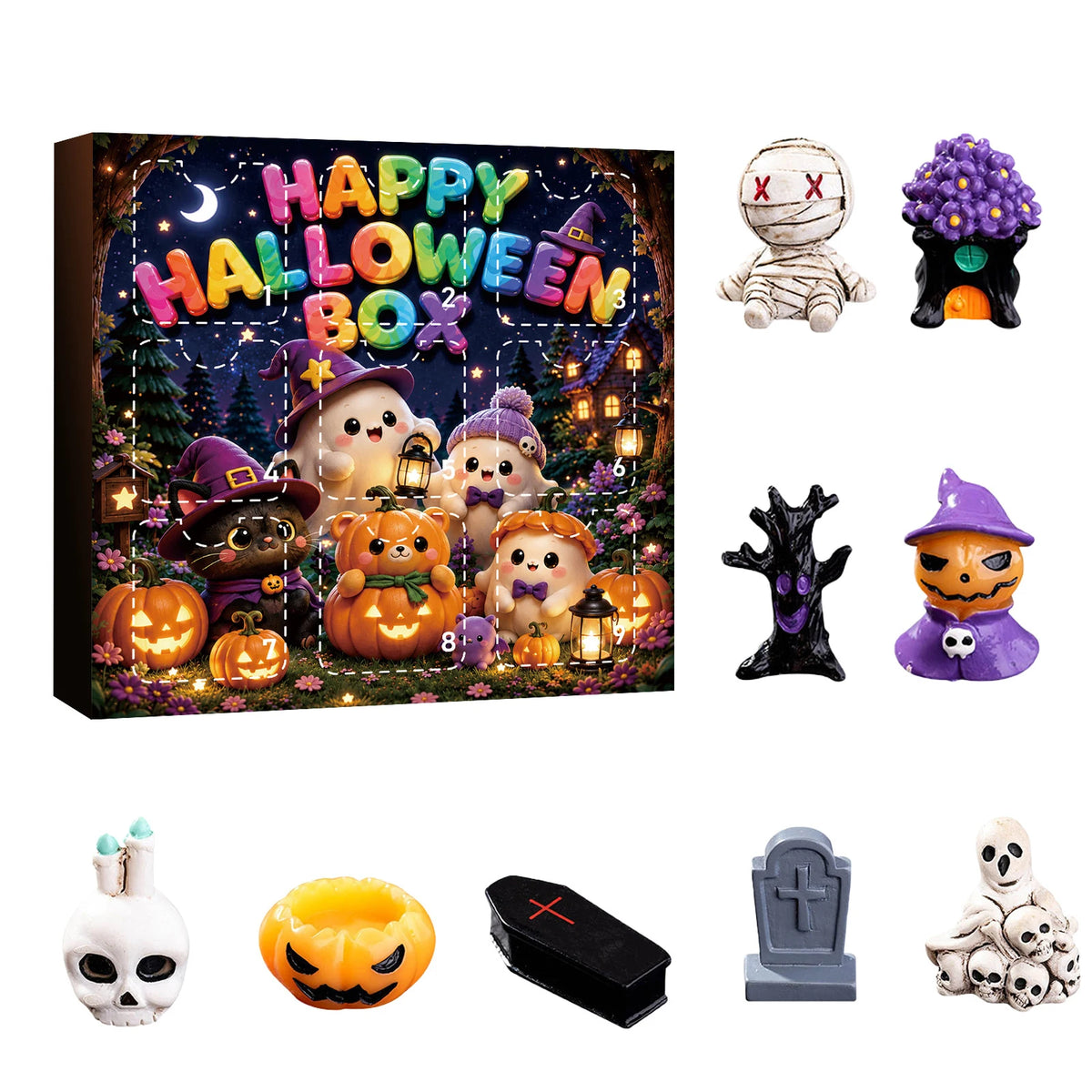 A Halloween box featuring various spooky resin figurines including pumpkins ghosts and witches