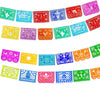 A colorful bunting banner made of papel picado featuring various Mexican folk art designs and patterns.