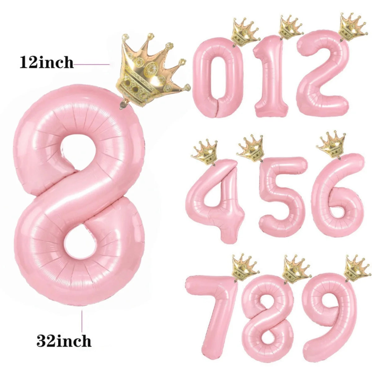 Pink aluminum foil crown number balloons spelling out 012 and 456789