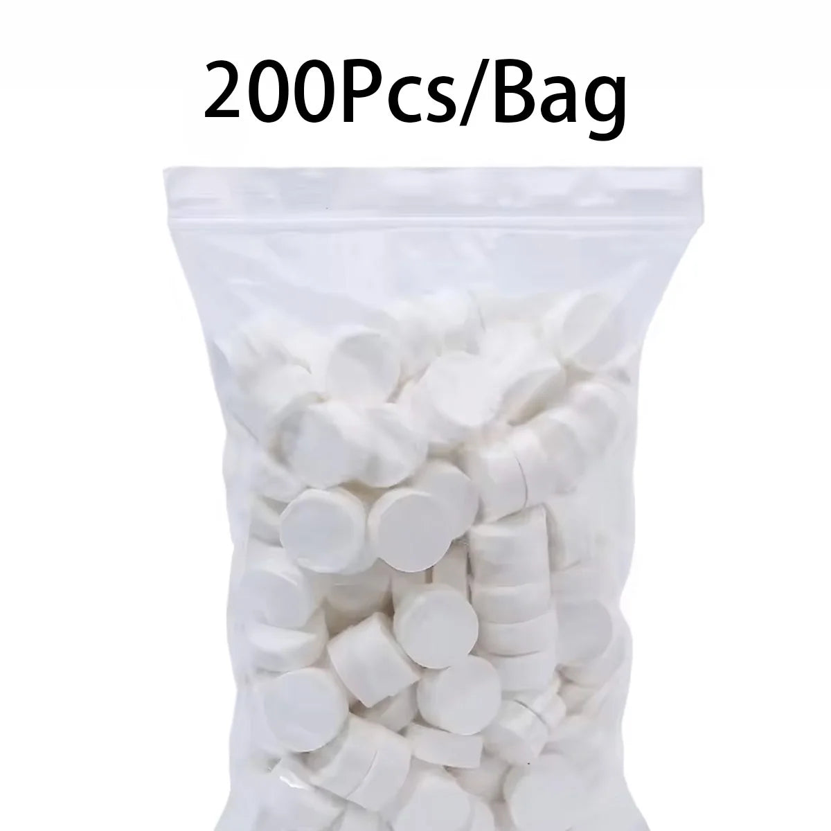 A bag containing 200 pieces of white compressed camping towels.