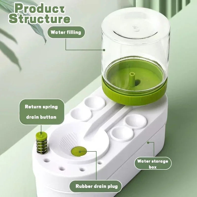 A white self-cleaning watercolor brush rinser with a clear container and green components for water filling and drainage.