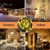 Outdoor and indoor scenes showing festive lighting, including string lights on a building and decorated Christmas trees.