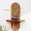 Two wooden wall shelves displaying a glass vase with a green plant against a white wall.