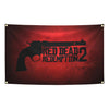 A dark red flag tapestry featuring a silhouette of a revolver and the text Red Dead Redemption 2 Redemption 2.