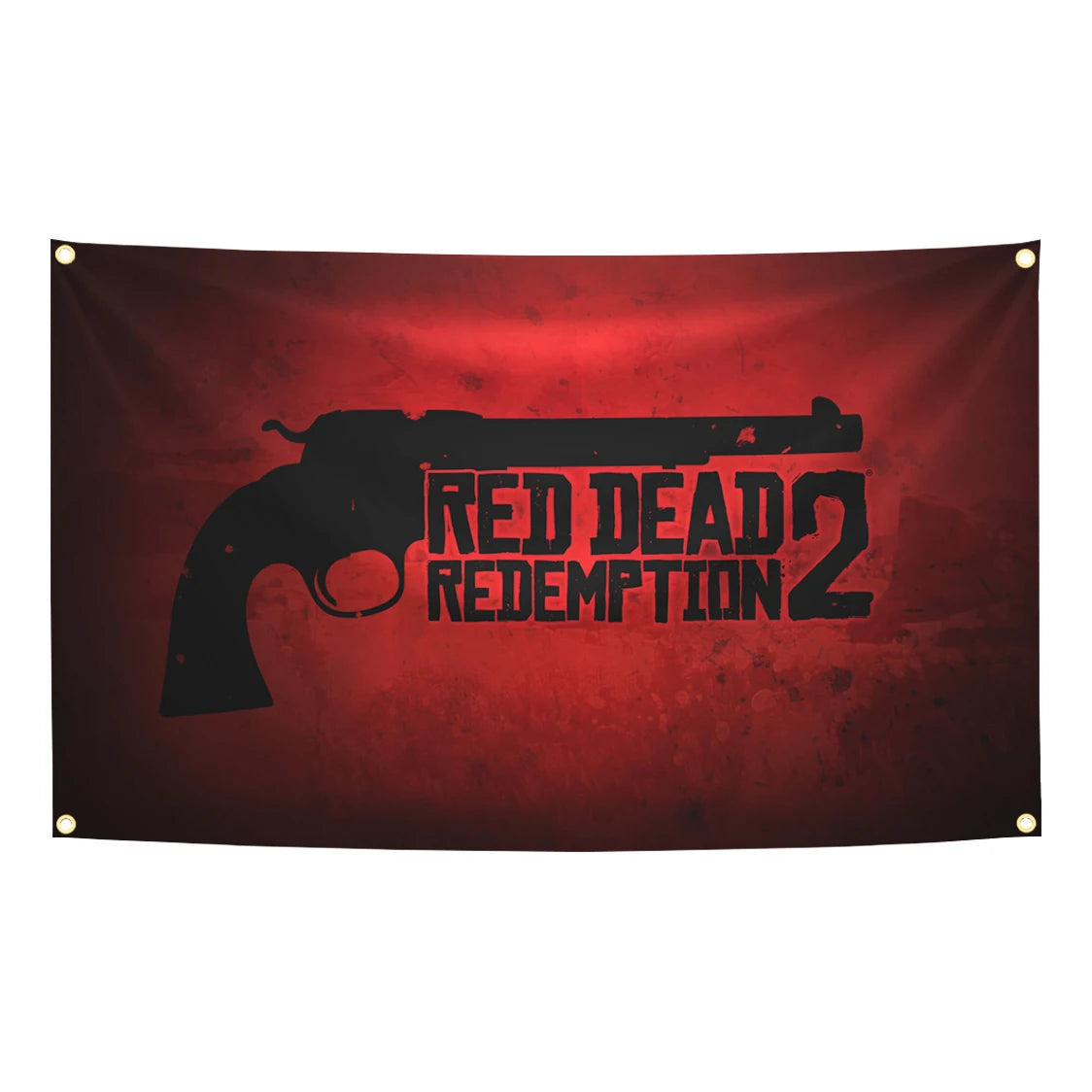 A dark red flag tapestry featuring a silhouette of a revolver and the text Red Dead Redemption 2 Redemption 2.