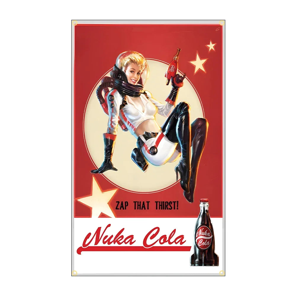A vertical banner featuring a woman in a white outfit and black gloves holding a red bottle of Nuka Cola.
