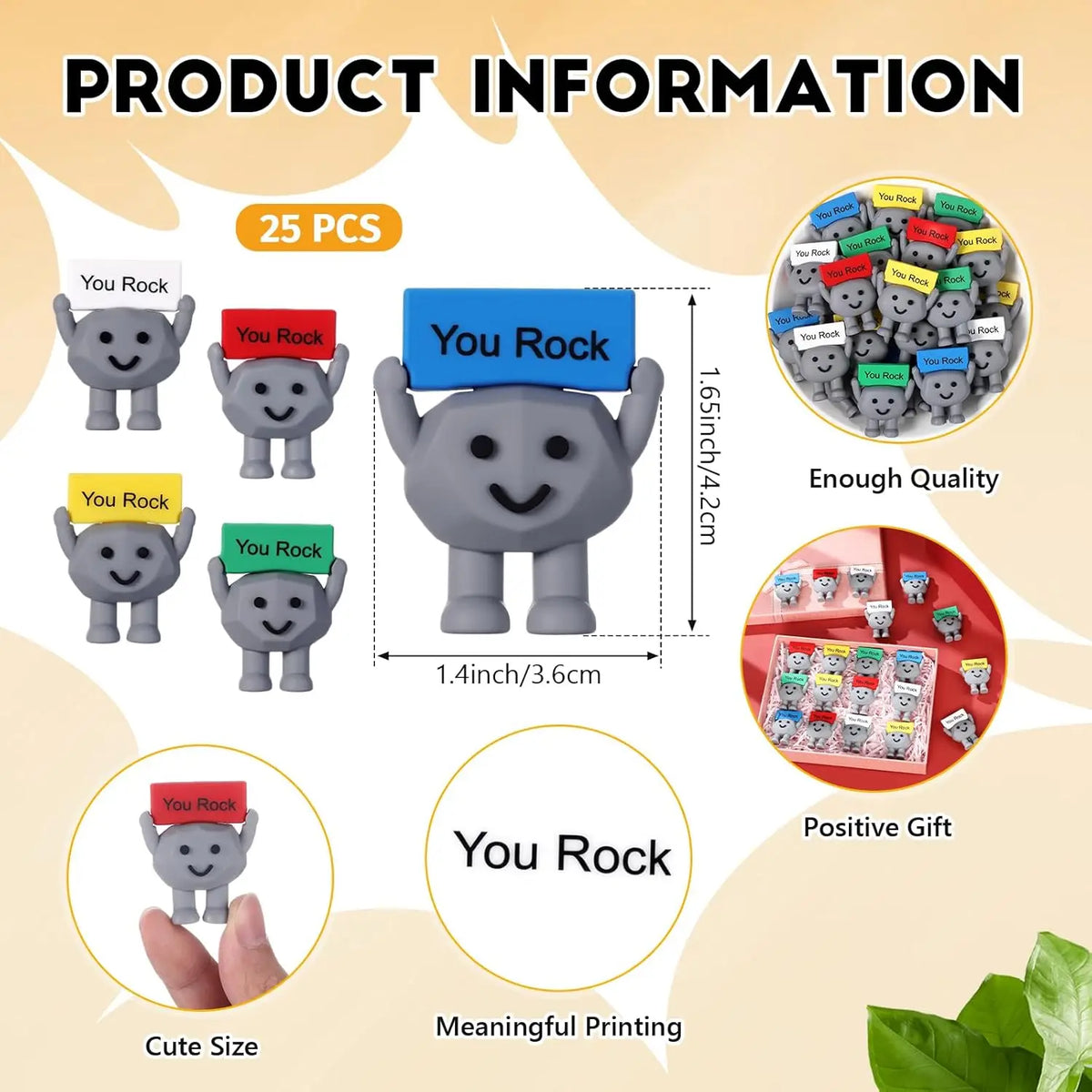 A collection of small gray figurine toys with You Rock text printed on them, displayed alongside a larger version and various