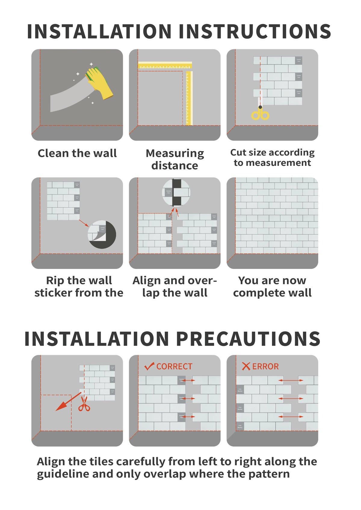 Installation instructions for self-adhesive heat resistant wall tiles showing steps like cleaning, measuring, cutting, and al